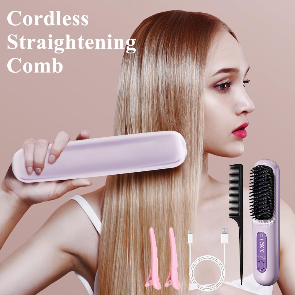 Spazzola Lisciante per Capelli Senza Fili, Mini Spazzola Lisciante per Capelli, 140°C-200°C 3 impostazioni di temperatura con display a LED, ideale per i viaggi e l'uso quotidiano (viola)