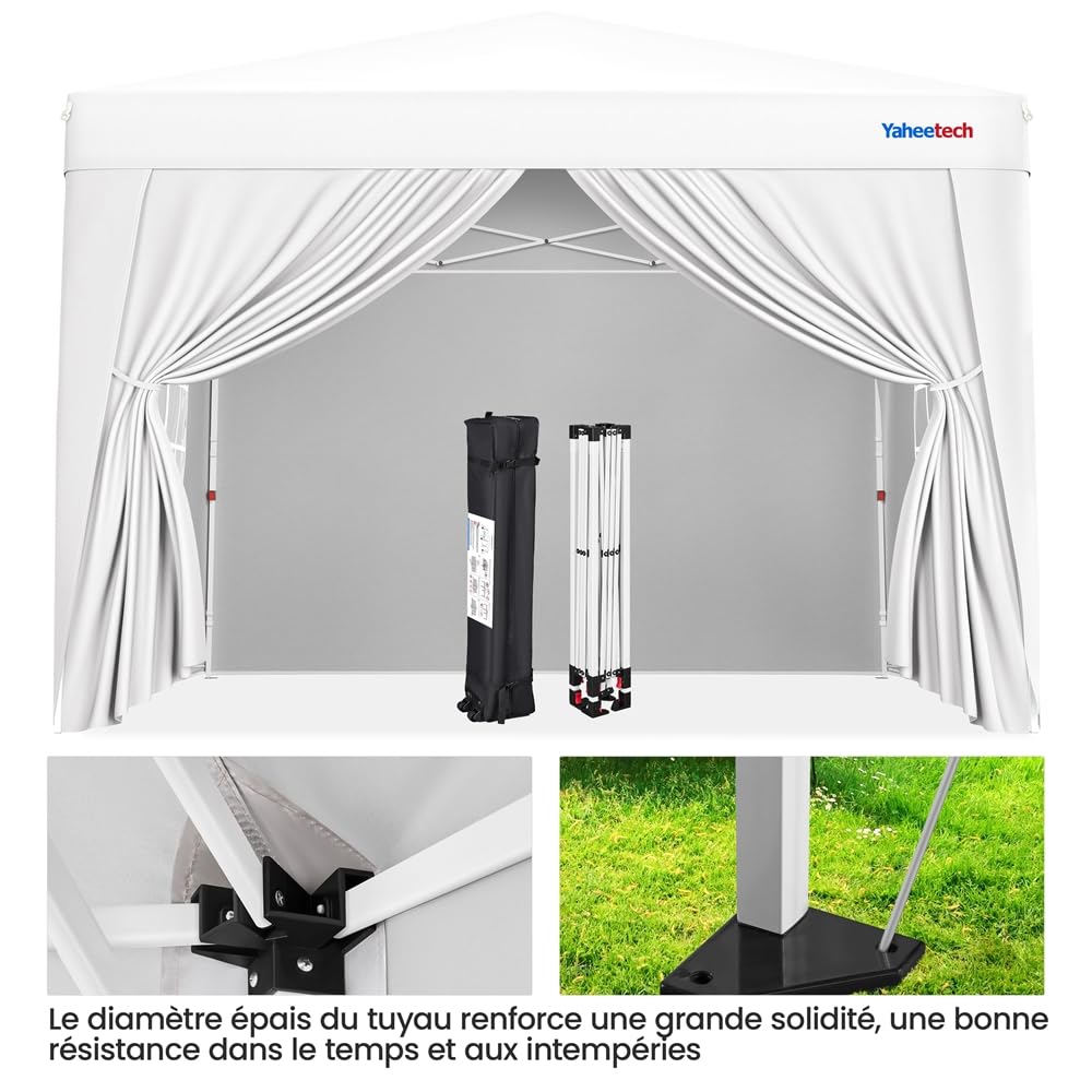 Yaheetech Tonnelle de Jardin Pop-up 3x3m avec 4 Parois Latérales Blanc | Hauteur Réglable Cadre Métal Résistant Parois avec Fenêtres Transparentes Sac à Roulettes, pour Mariage Fête Camping Jardin
