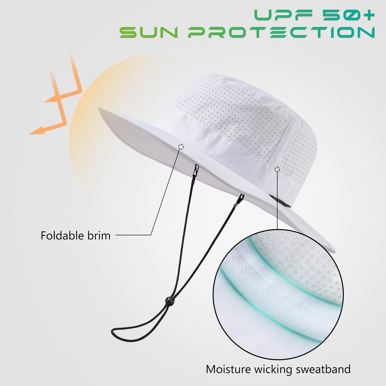 UPF 50+ kapelusz przeciwsłoneczny typu bucket z laserową perforowaną siatką, chłodzenie, regulowany, oddychający, lekki, do użytku na zewnątrz, dla mężczyzn i kobiet