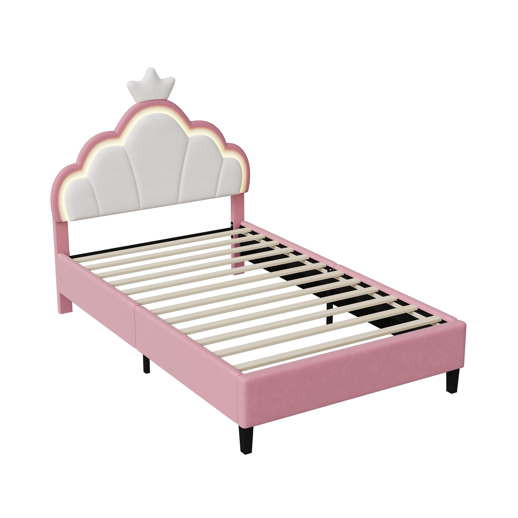 LIVLUX Cama acolchada, 140 x 200 cm, cama de princesa con cabecero LED ajustable y somier, para niñas, diseño de corona, para niños y adolescentes, terciopelo (Rosa, 140 x 200 cm)