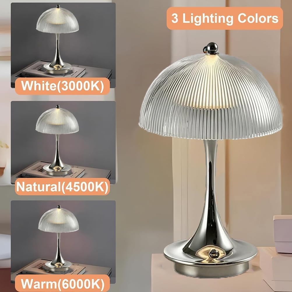 AoLa Pilz Tischlampe Kabellos Akku Pilz Lampe LED Dimmbare Tischleuchte mit Touch Control USB Aufladbar Batteriebetrieben Nachttischlampe Ohne Kabel Mushroom Lamp für Schlafzimmer Esstisch,Chrome