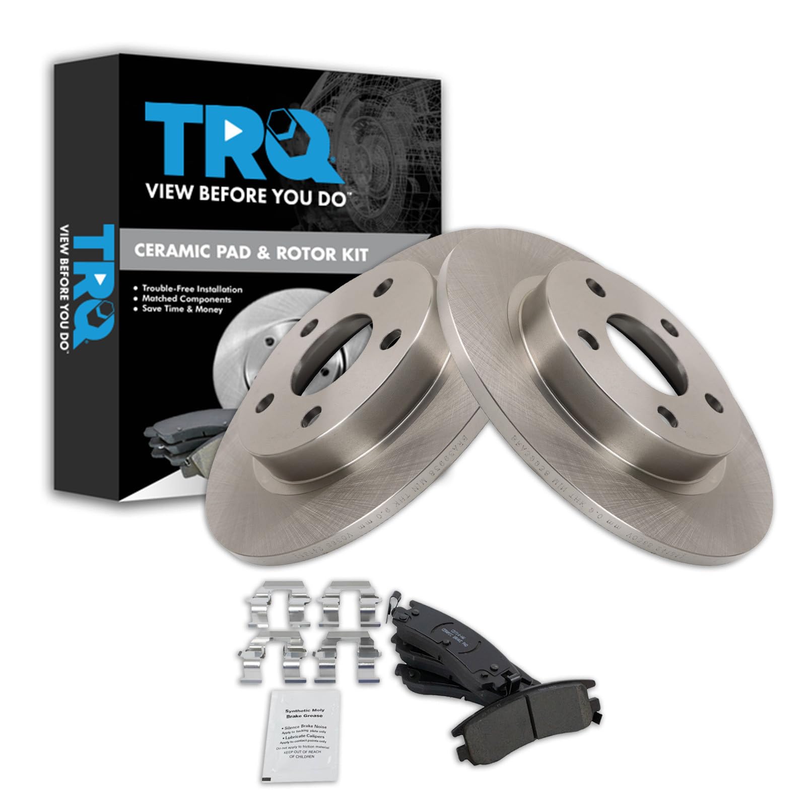 TRQ Rear Brake Pad and Rotor Set Ceramic Compatible with 2000-2005 Buick LeSabre Park Avenue Pontiac Bonneville 2001-2002 Cadillac Eldorado 2001-2003 Oldsmobile Aurora