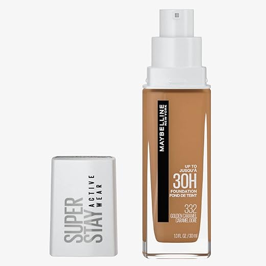 Maybelline NY Base Alta Cobertura Super Stay Active Wear Resistente ao Suor Alta Duração até 30h na Pele, Cor 332 Golden Caramel, 30ml