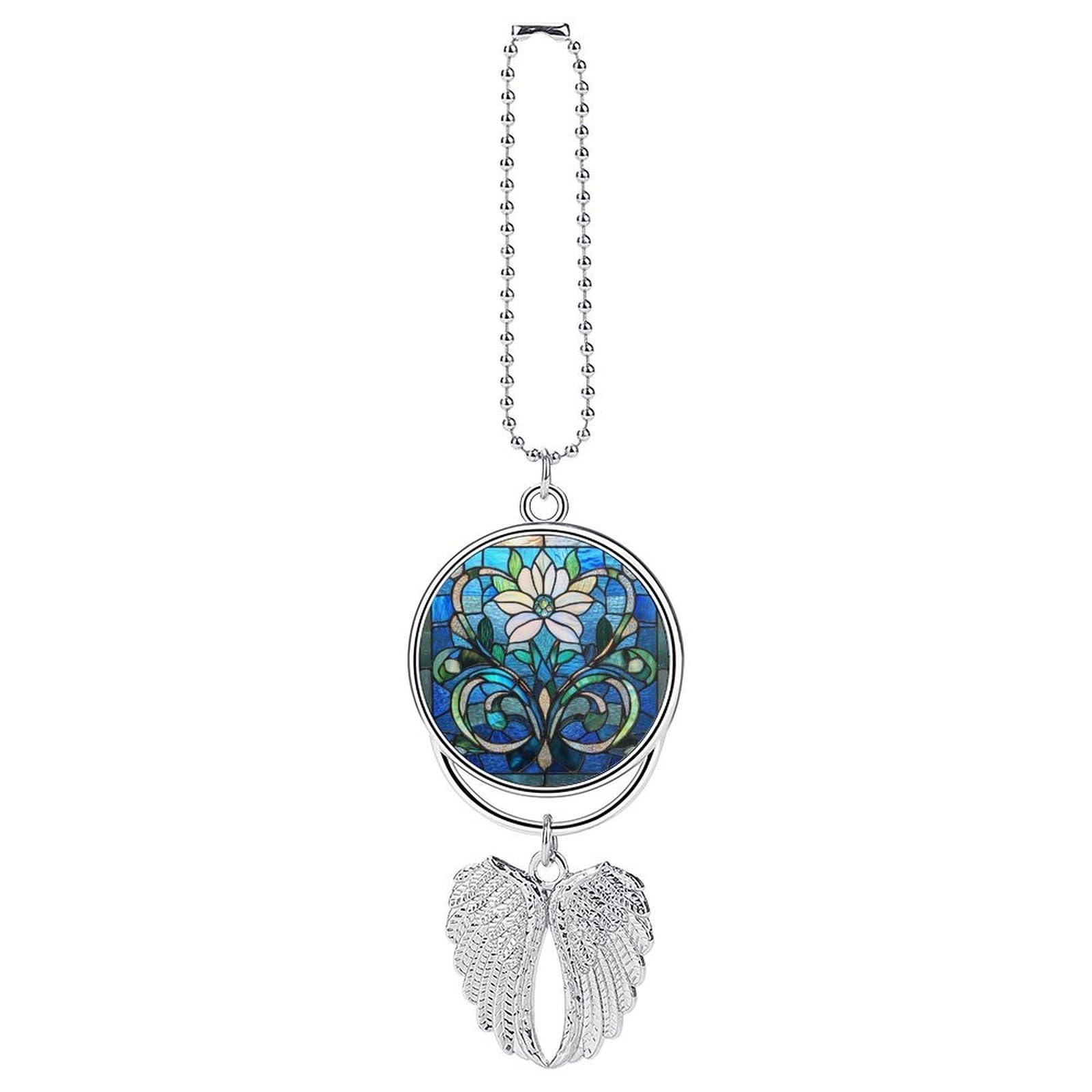 Stained Glass Stylized Floral And Scroll Motif Car Hanging Pendant Car Interior Decoration Rearview Mirror Charms Ornaments