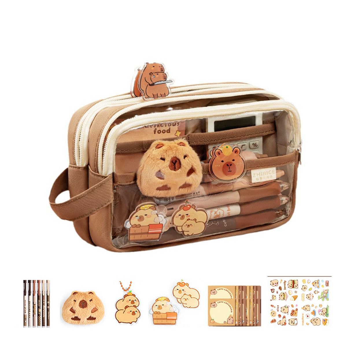 HIQUAY Capybara Pencil Case, Clear Pencil Pouch with Cute Capybara Plush and Pins Aesthetic Office Stationary Makeup Bag Brown