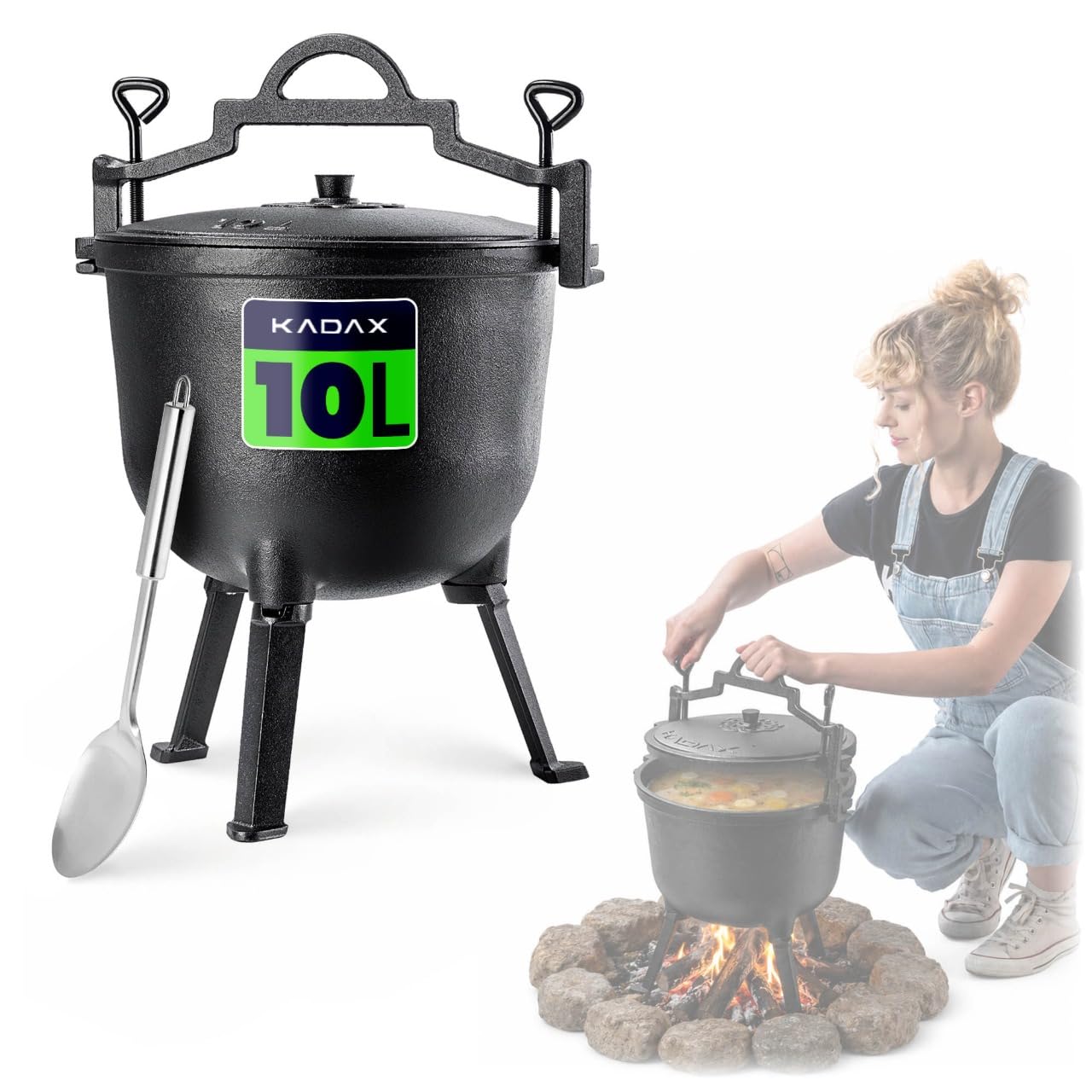 KADAX Chaudron de chasse en fonte avec pieds 10 l cocotte marmite couvercle cuillère