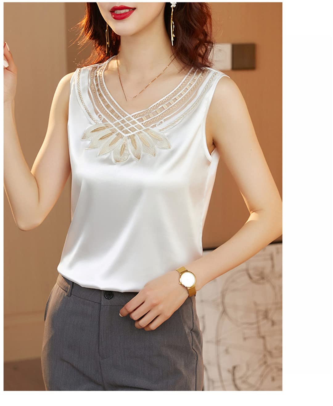 Camisetas sin Mangas con Cuello en V para Mujer, Blusas de satén holgadas Informales de Verano con Bordado Black Gold S