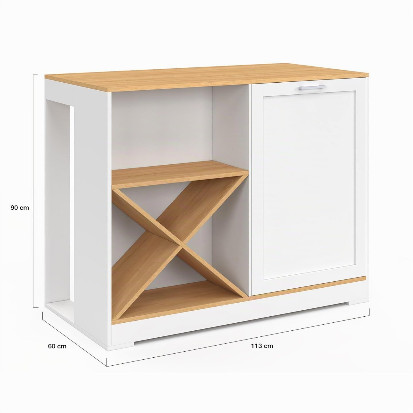 IDMarket - Isla de mesa Vito de 113 cm con estante para botellas de madera blanca y tablero en imitación de madera de haya