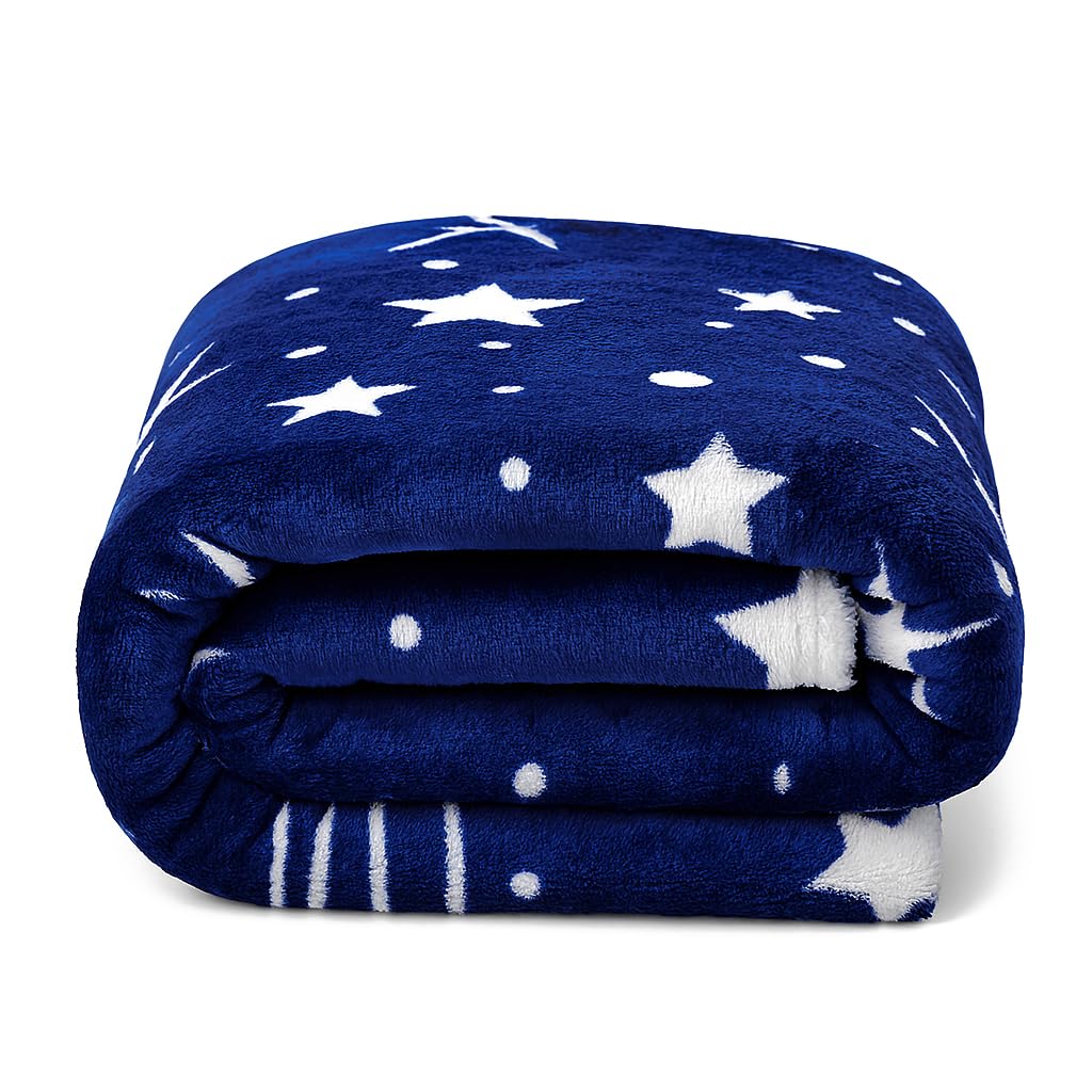Fabienne Silky Soft Bed Blanket Flannel Throw King Size with Animal Prints for Bedroom Couch Home Sofa Chair Office and Travel (Blue with Stars)