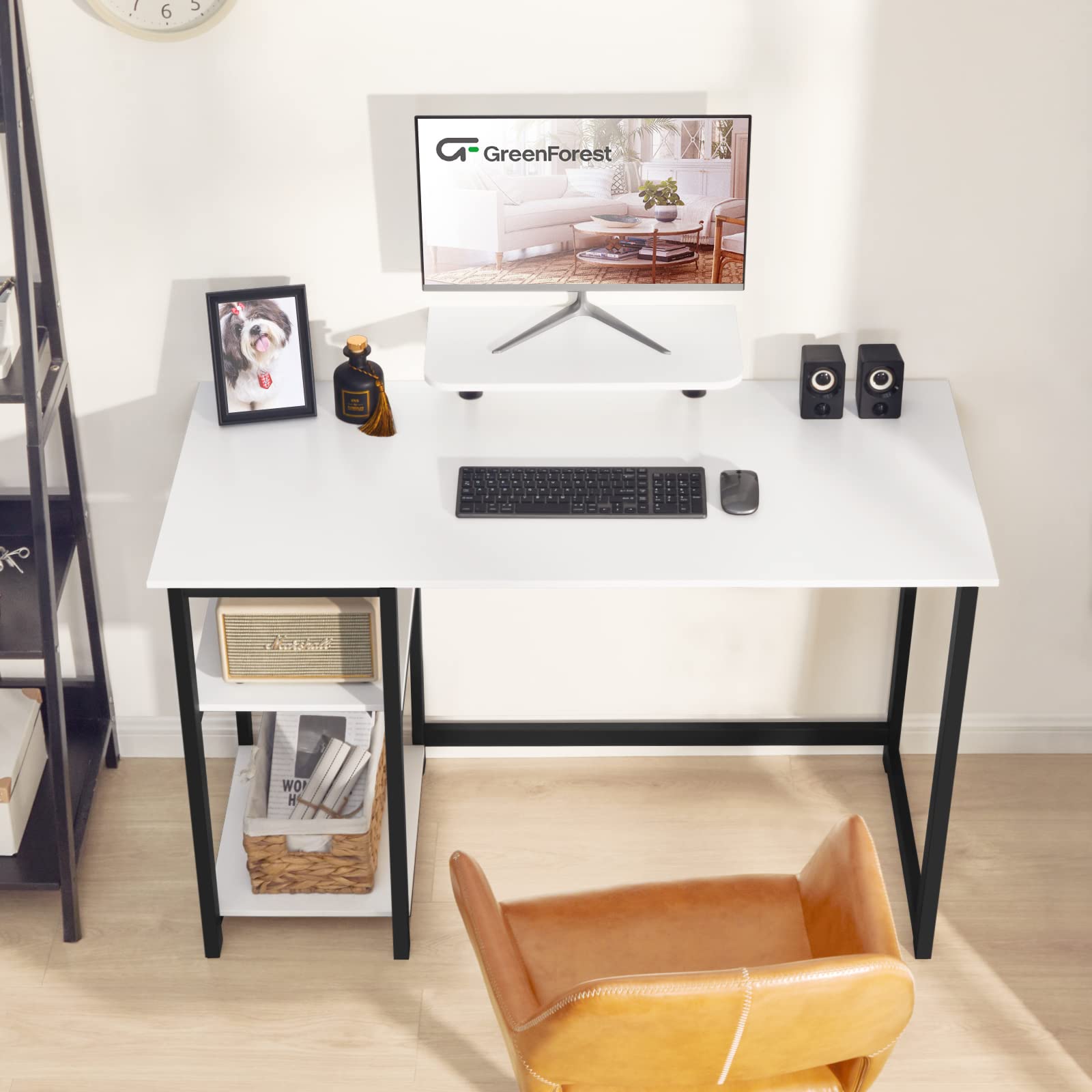GreenForest Computer Desk with Monitor Stand and Reversible Storage Shelves,40 inch Small Home Office Writing Study Desk for Small Spaces,White