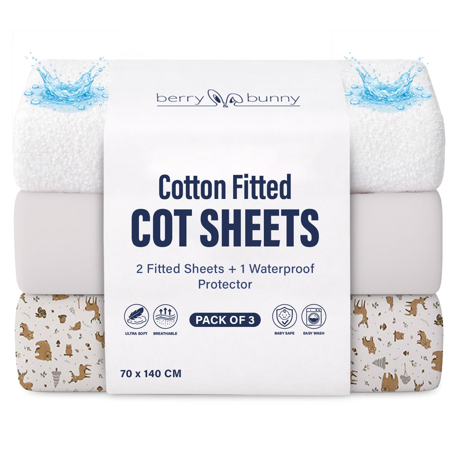 Berry & Bunny Terry White + Gray Animal 3 Pack Cot Bed Sheets 140 X 70 Cm – 100% Cotton 2 Fitted Sheets & 1 Waterproof Mattress Protector Cover – Soft Breathable Cot Sheets For Baby Mattress – Gray Animal