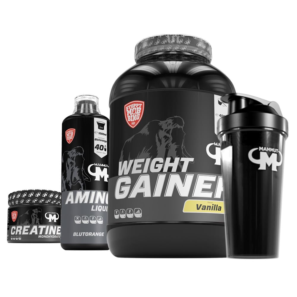 Mammut Masseaufbau Set - 4500 g Weight Gainer (Vanille) - 1000 ml Amino Liquid (Blutorange) - 300 g Creatin Monohydrat - Protein Shaker