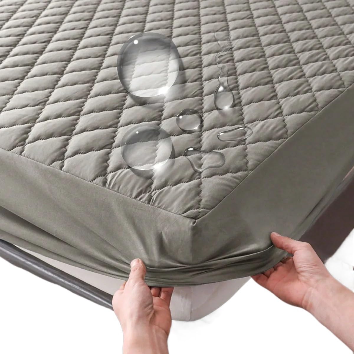 Funda de Colchón Impermeable Funda De Colchón Impermeable, Sábana Bajera Ajustable, Protector Individual/doble/140/160, Gris/Blanco(White,King 198x203x36cm)