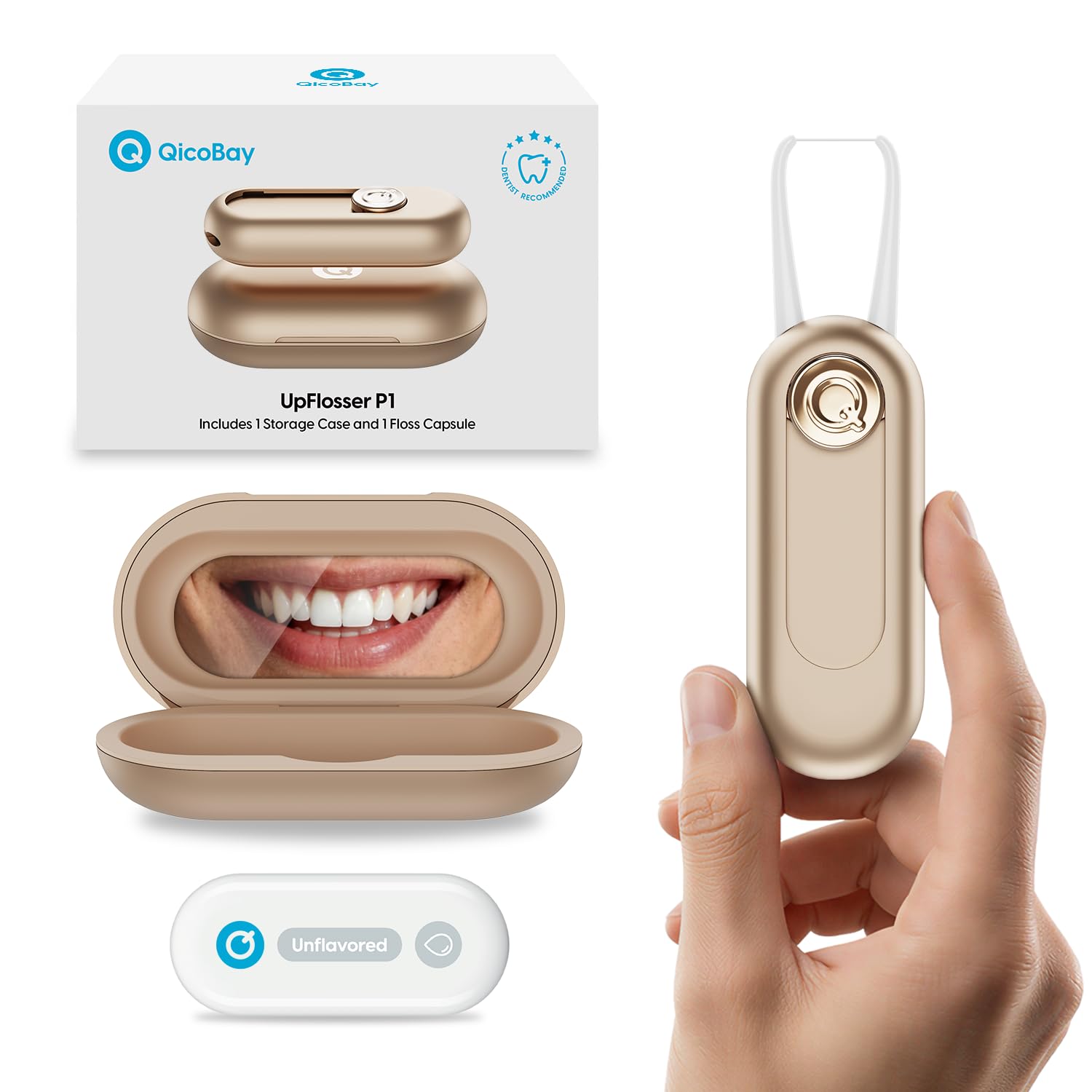 UpFlosser P1 Premium Auto-Restringing Flosser with Replaceable Floss Capsule & Mirror Case (Corona Gold, Unflavored)