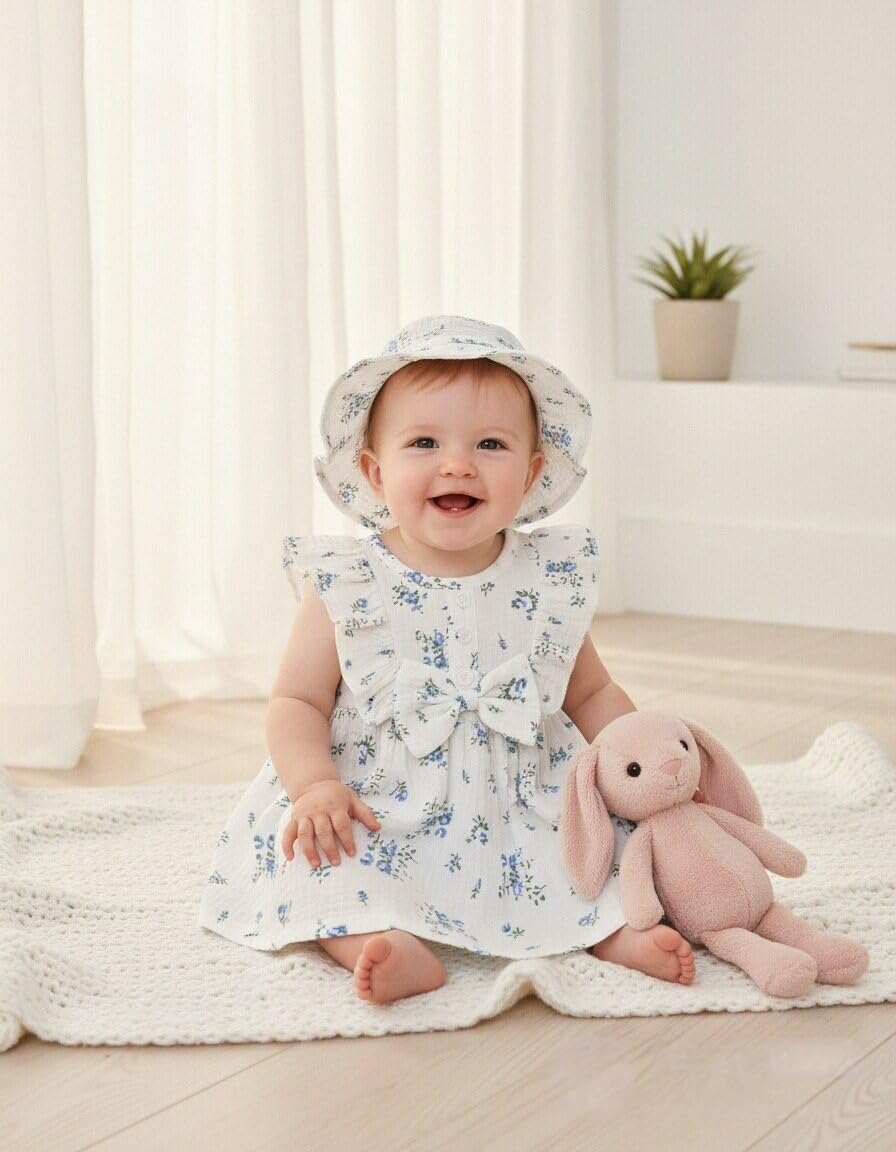 Vibebox Baby Girl Ruffle Sleeveless Bow Dresses Toddler Girl Princess Summer Dress Birthday with Hat and Underwear Outfits