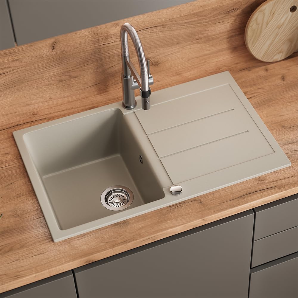 Bergström Evier "Kapstadt", Beige, 78x50cm | avec égouttoir et kit de vidage pour installation sous-plan ou à encastrer