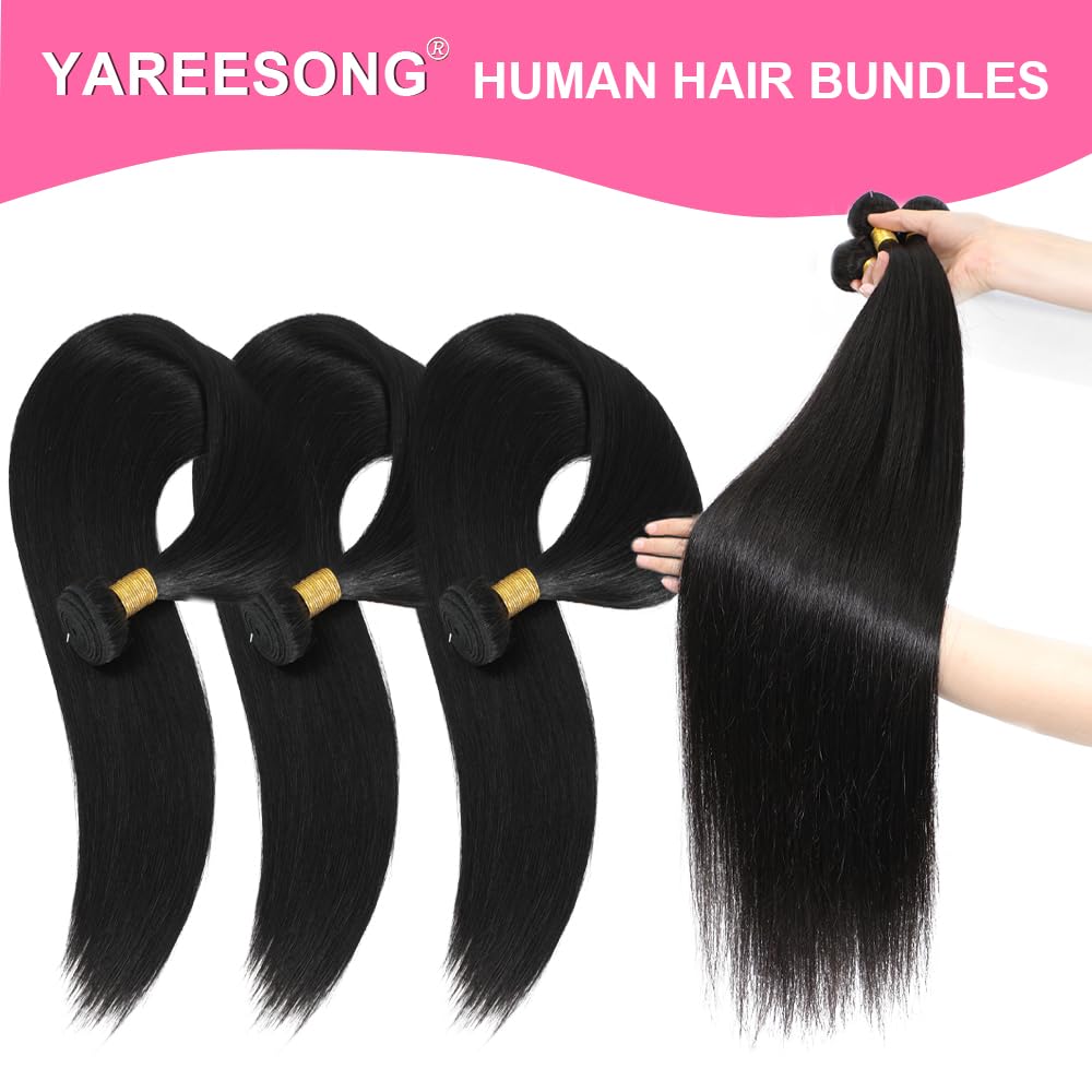 Straight Human Hair Bundles 12A Brazilian Human Hair 3 Bundles 100% Unprocessed Virgin Human Hair Extensions Natural Black Color 14 16 18 Inch