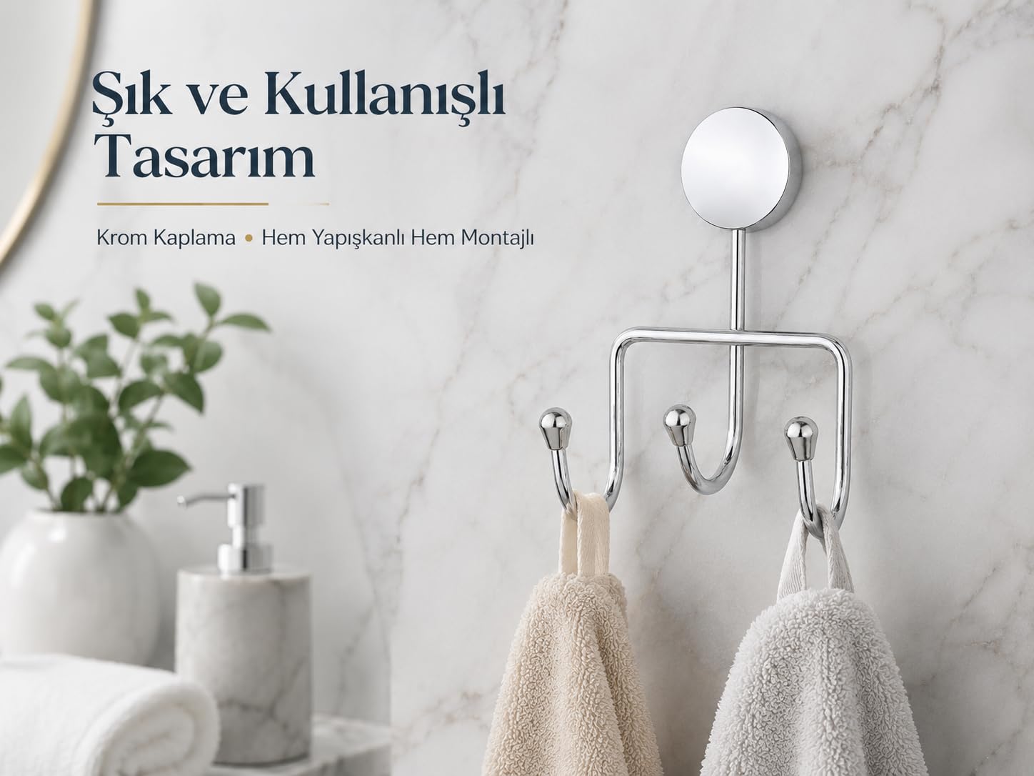 Alper Banyo İris Krom Kaplama Üçlü Askılık, Yapışkanlı ve Vidalı Montajlı Duvar Askısı, 35 mm Oval Bantlı Banyo Mutfak Antre Askısı