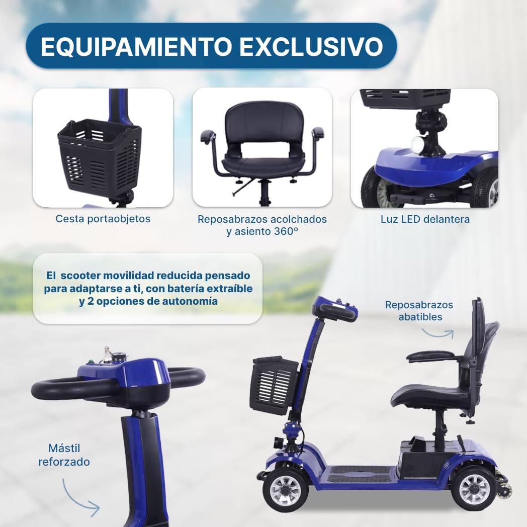 Vehículo de Movilidad 4 Ruedas Plegable Desmontable Batería Extraíble Ideal Pasillos y Ascensores 120 Kg Dortomedical®