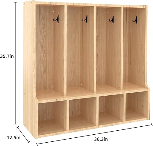 Miniatura 2 de Armario de abrigos para niños con banco, muebles naturales para niños pequeños de 4 secciones para almacenamiento organizado (4 secciones)