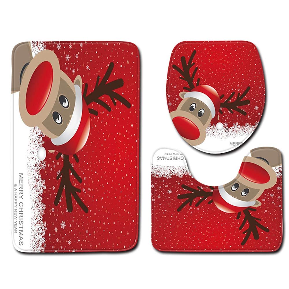 shouzhigo Christmas Santa Claus and Snowman Toilet Seat Cover and Rug Decorations Toilet Seat Lid Cover & Tank Cover Bath Mat,3PCS (M)