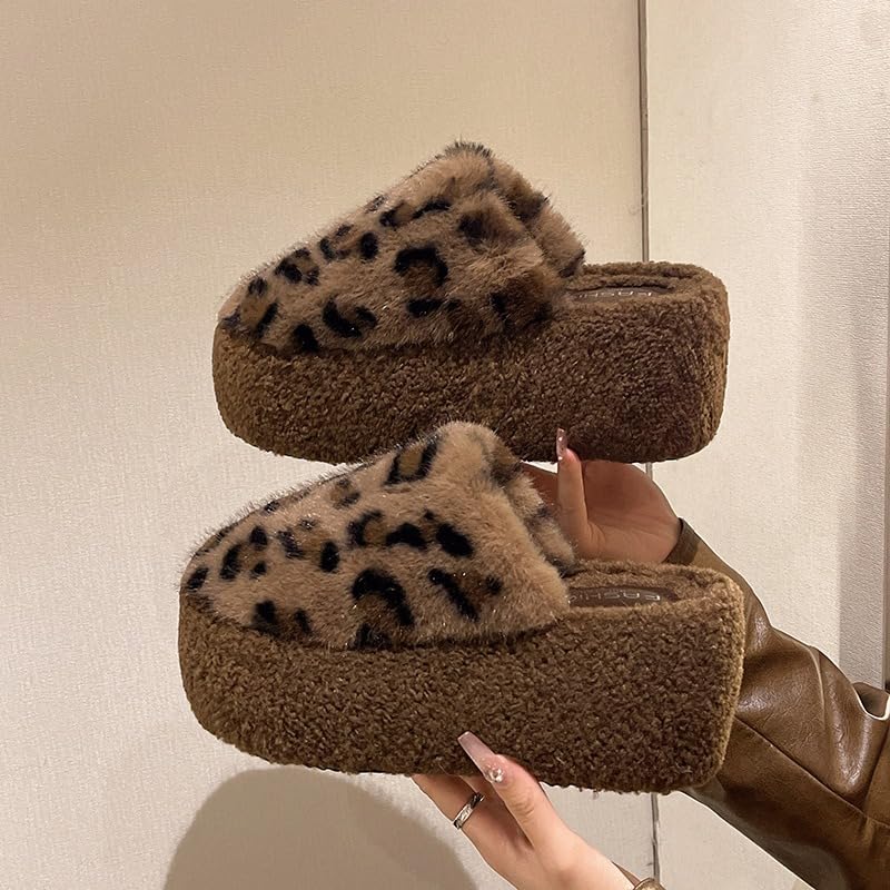 ZQW Fuzzy Plush Lined Mule Slides Women Chunky Block Heel Wedge Platform with Buckle Leopard Print Winter Non Slip Outdoor3