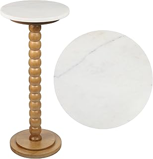 JONATHAN Y END3005B Monroe 24.25" Rustic Farmhouse Spindle Wood Drink Table and Decorative End Table with White Marble Round Top for Living Room, Bedroom, Office, Bathroom, Natural