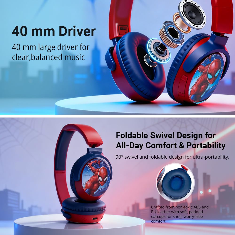 Marvel Spider-Man Kids Bluetooth Stereo Headphones with Mic | Swivel & Foldable Cups | Kids Safe 85dB Volume | Soft Padded Earcups | Aux Input | 22H Playtime|Voice Assistant|Perfect for Boys|Ages 5-16 — Amazon image 6