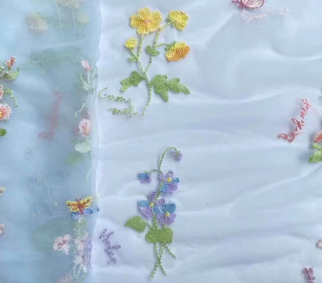 35"x51" Elegant White Lace Fabric Tulle Fabric by Yard Colorful Floral Embroidery Soft Tulle Mesh for DIY Dresses Wedding Gown and Fashion Design (Blue, 5 Yards (175 x 51 in))