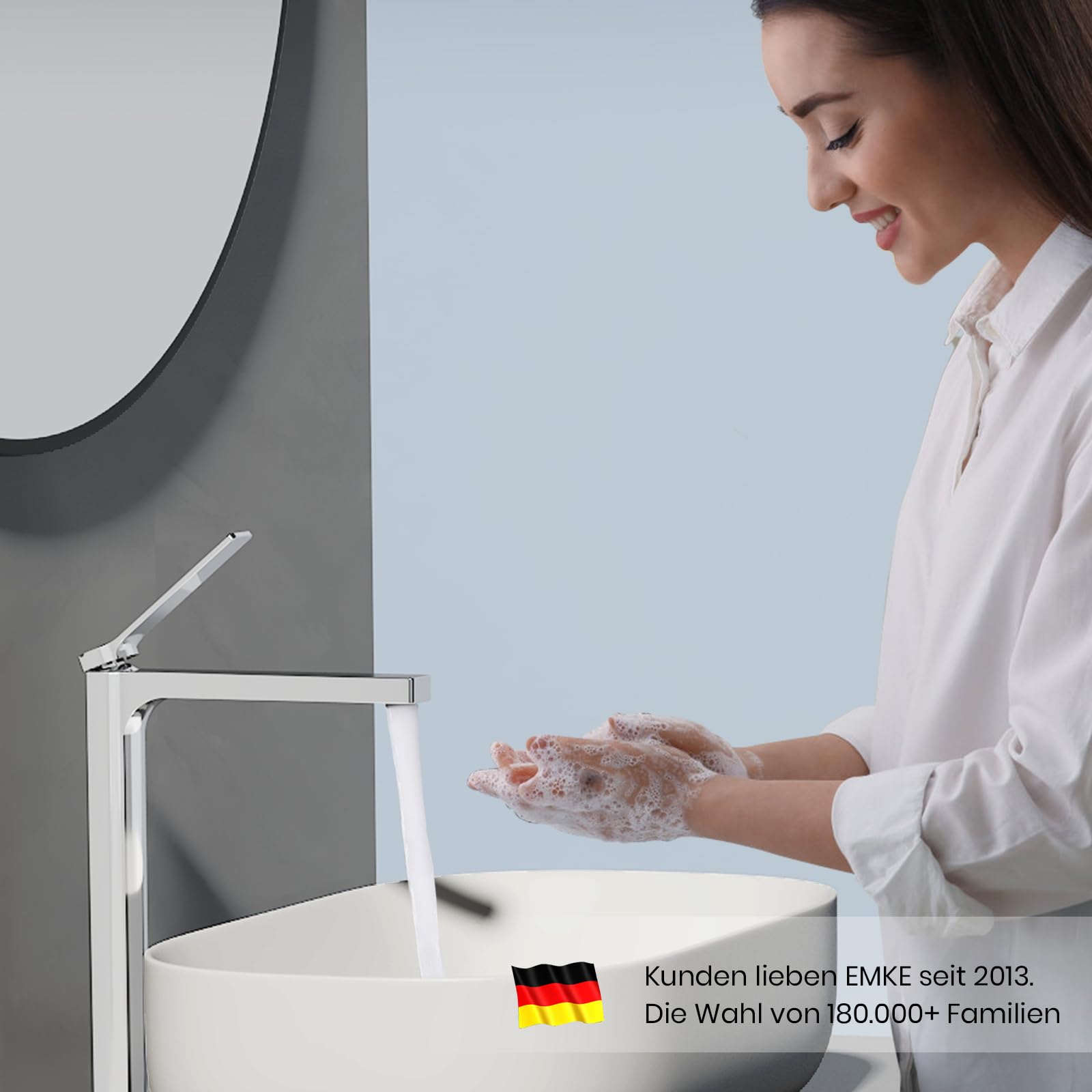 EMKE Grifo de baño cromado de 335 x 233 x 46 mm, latón, cartucho de cerámica, grifo de baño, grifo mezclador de lavabo de fácil instalación, grifo con aireador, grifo de lavabo