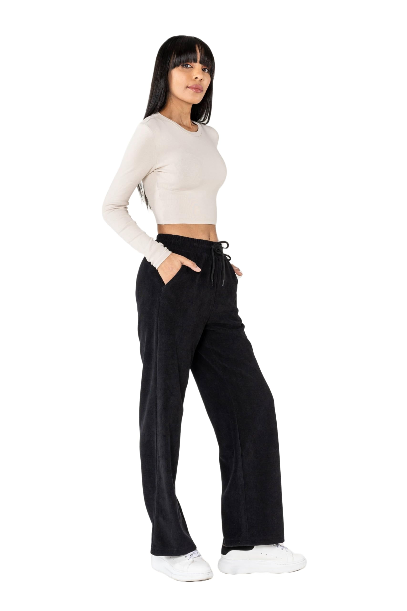 Nina Carter J253 Damen Freizeithose – Samtige Jogginghose Relaxed Fit Cordoptik Hose mit Elastischer Taillenbund und Weites Bein