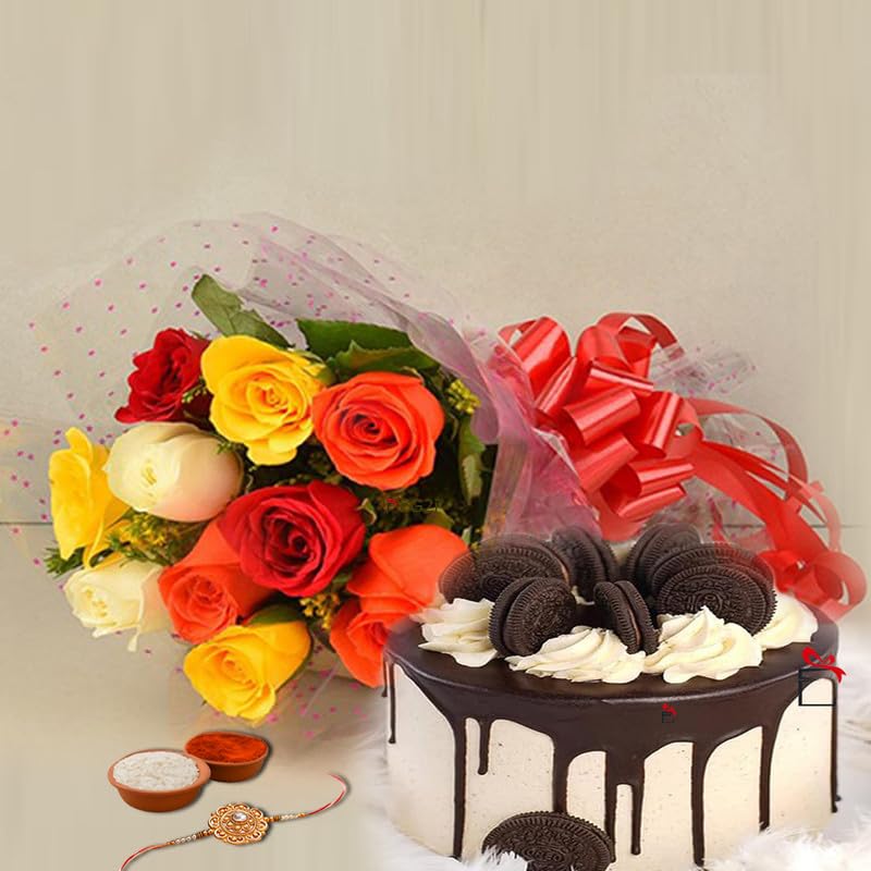 EG2i 12 Mixed Roses with 1 Rakhi and 500gm Chocolate Oreo Cake| Real Flower Bouquet with Gift Combo for Brother, Bhabhi and Sister For Raksha Bandhan-image-44