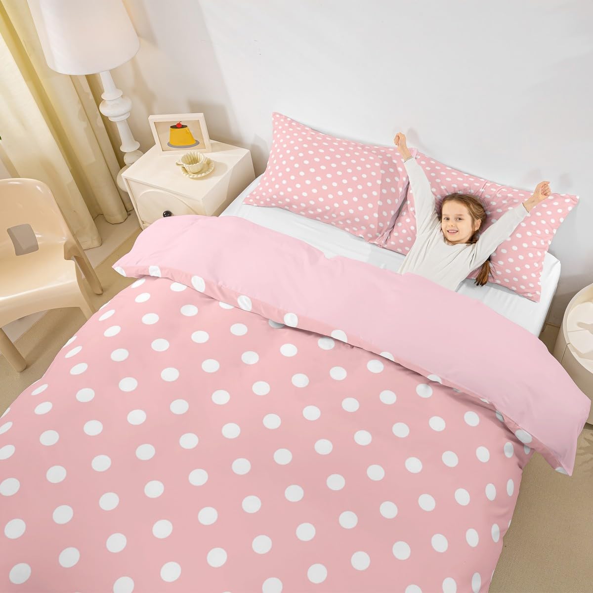 Manfei Polka Dot Duvet Cover Set Queen Size,Cute Simple Geometric Dots Bedding Set 3pcs,Pink White Cartoon Quilt Cover,Kids Boys Girls Room Decor,2 Pillowcases,No Comforter