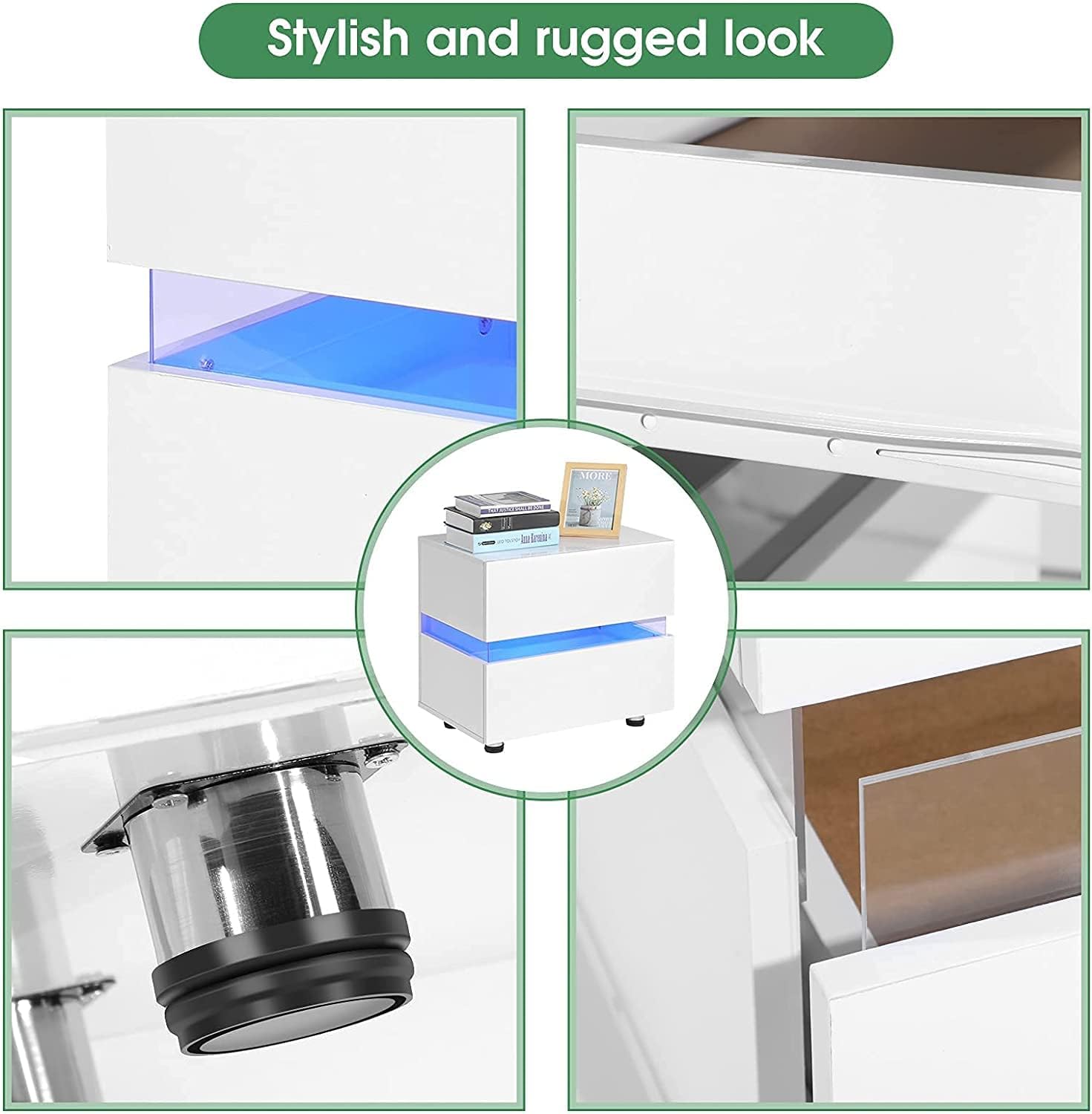 Buy Table Nightstand Bedside Table High Gloss Front Drawer Side Table with Led Light