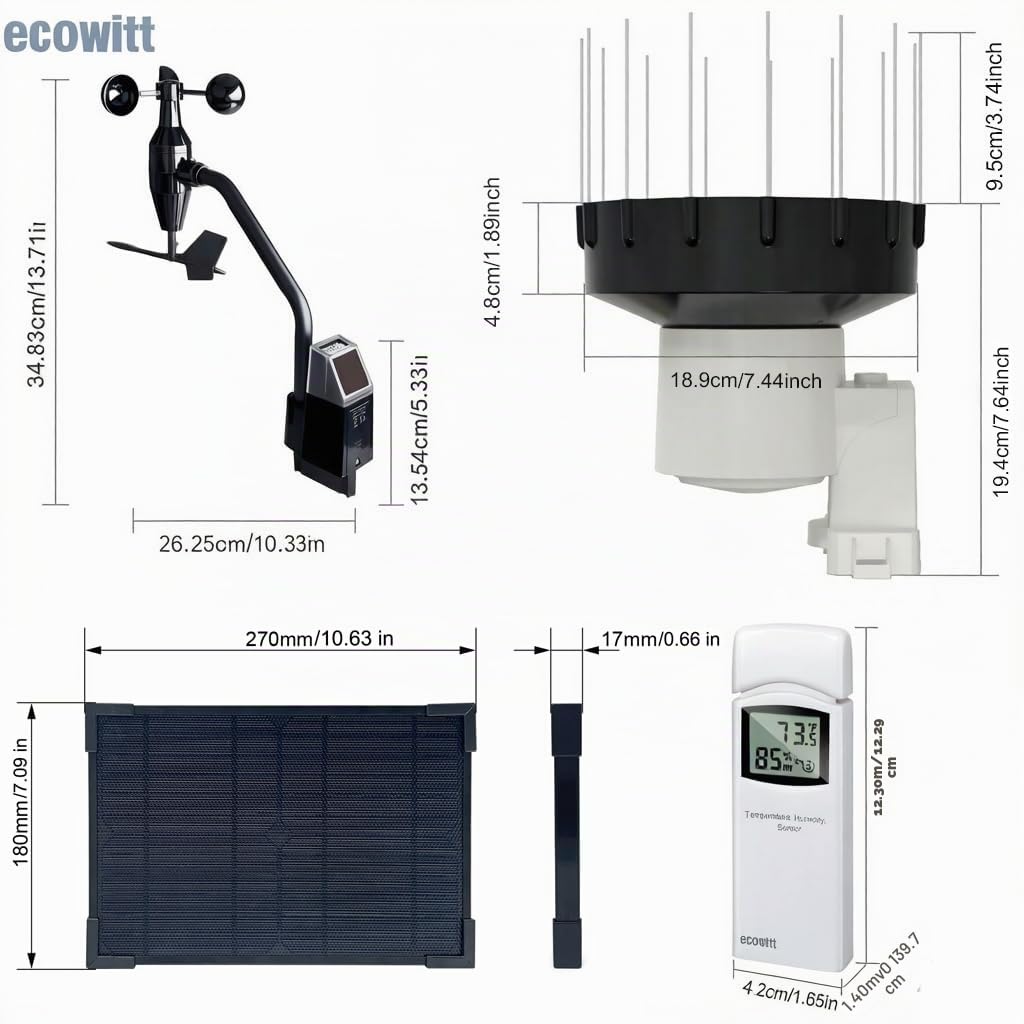 ECOWITT WS6212S Estación meteorológica doméstica, pasarela 4G y Wi-Fi WS6210S con panel solar, sensor exterior 4 en 1 WS68 + pluviómetro WH40H + medidor de temperatura y humedad WN32
