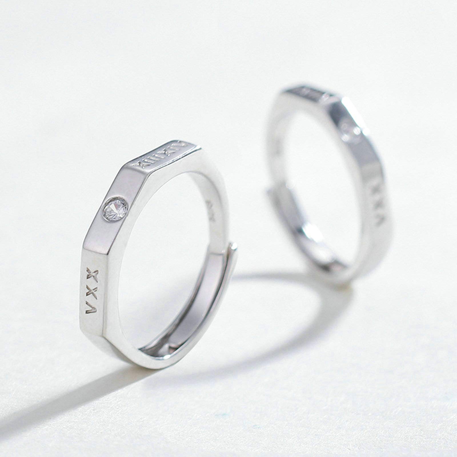 Juego de Anillos, Plata de Ley 925 Anillo Regulable Números Romanos Ajustables Grabado Pareja de Regalo de Anillo de Aniversario