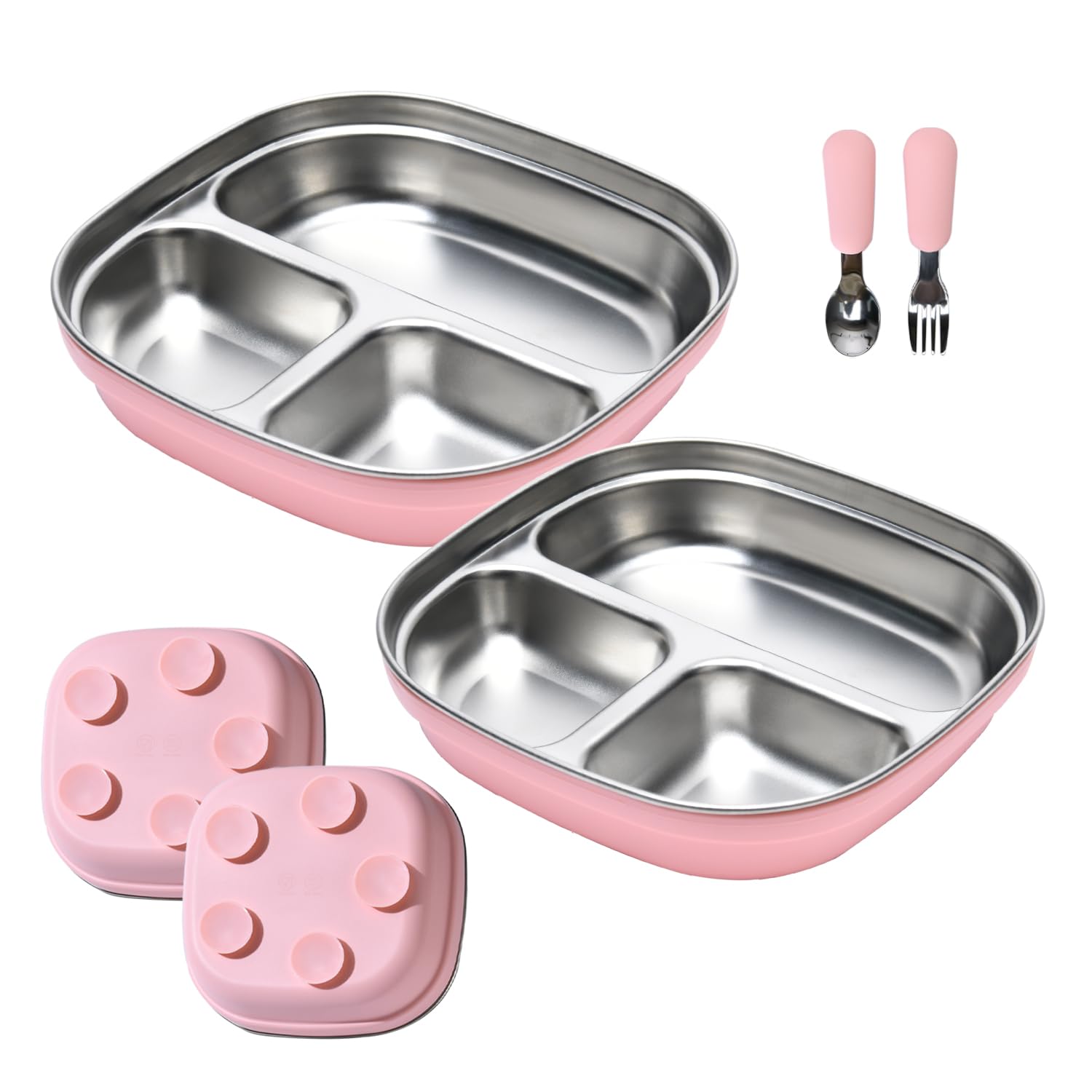 Photo 1 of 2 Pack Stainless Steel Kids Plates with Suction | 7.68" Spill-Proof High-Rim | 2 Spoons & Removable Sleeves | Microwave/Dishwasher Safe | BPA-Free, Non-Slip, Unbreakable Toddler Plates (Pink)