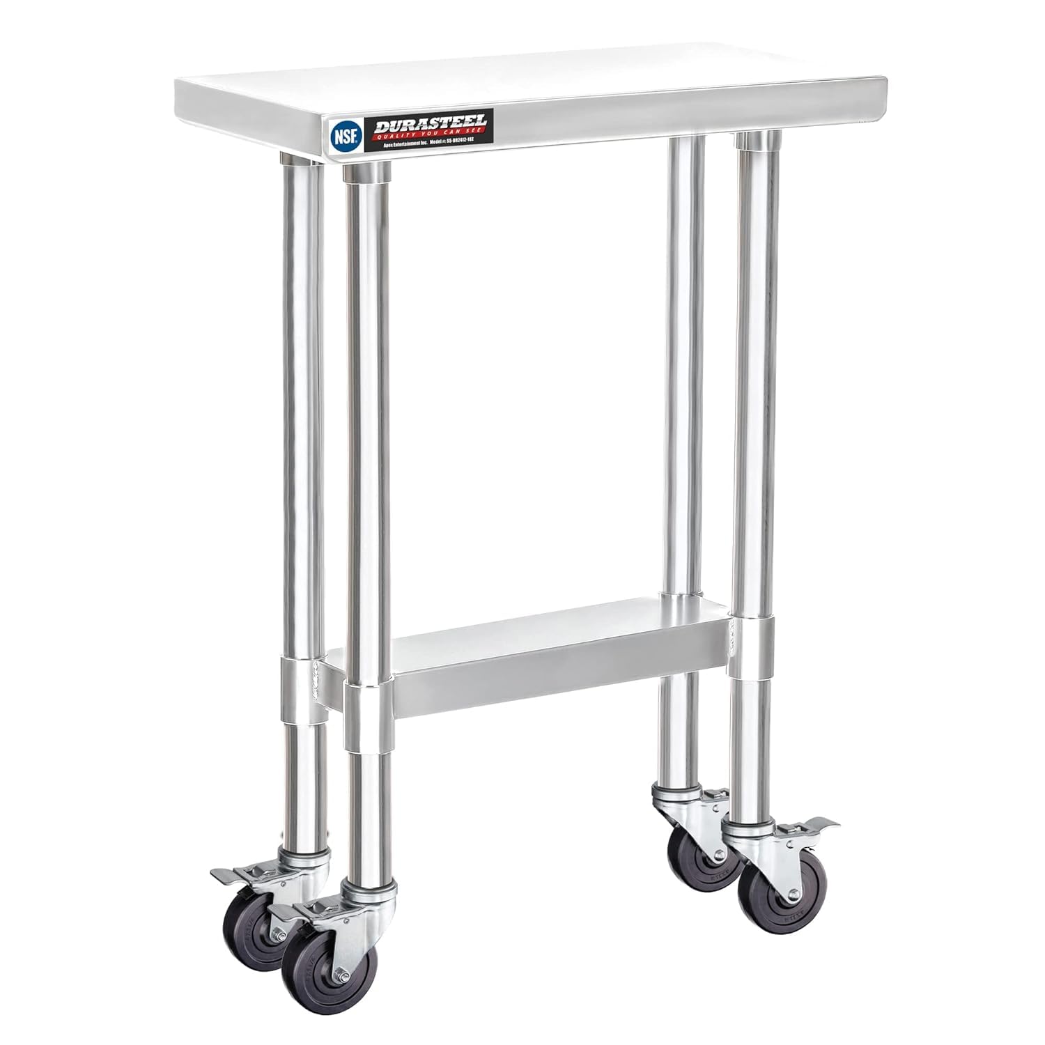 DuraSteel 24x12 NSF Stainless Steel Cart Work Table - Heavy Duty Rolling Food Prep Table - Metal Utility Cart on Wheels Caster, Grill Stand Microwave Outdoor Kitchen Tables Countertop Island Top Vevor