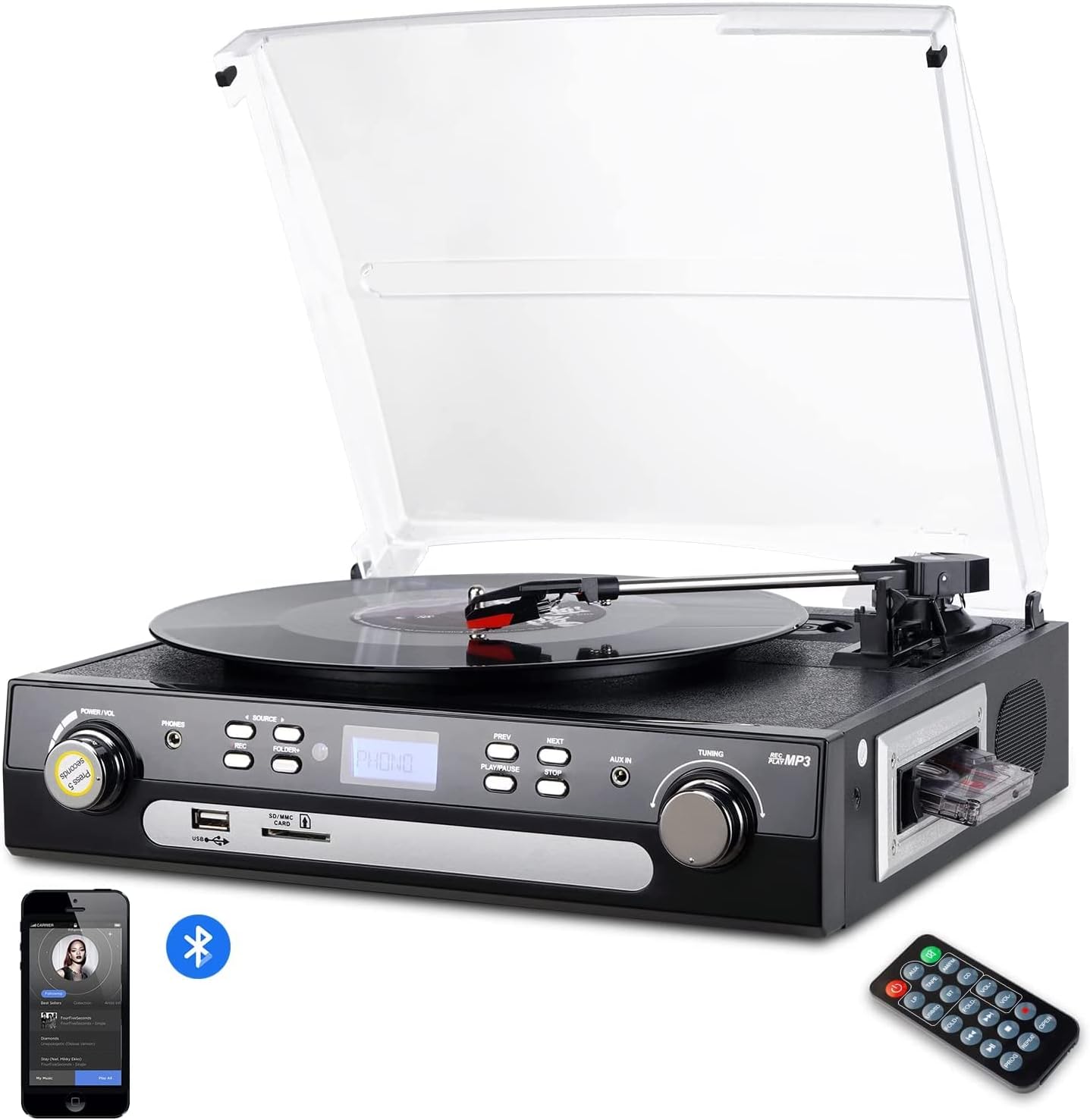 – DIGITNOW! Vinyl Record Player, Bluetooth Turntable with Stereo Speakers, Turntable for Vinyl to MP3 with Cassette Play, AM/FM Radio, Remote Control, USB/SD Encoding, 3.5mm Music Output Jack