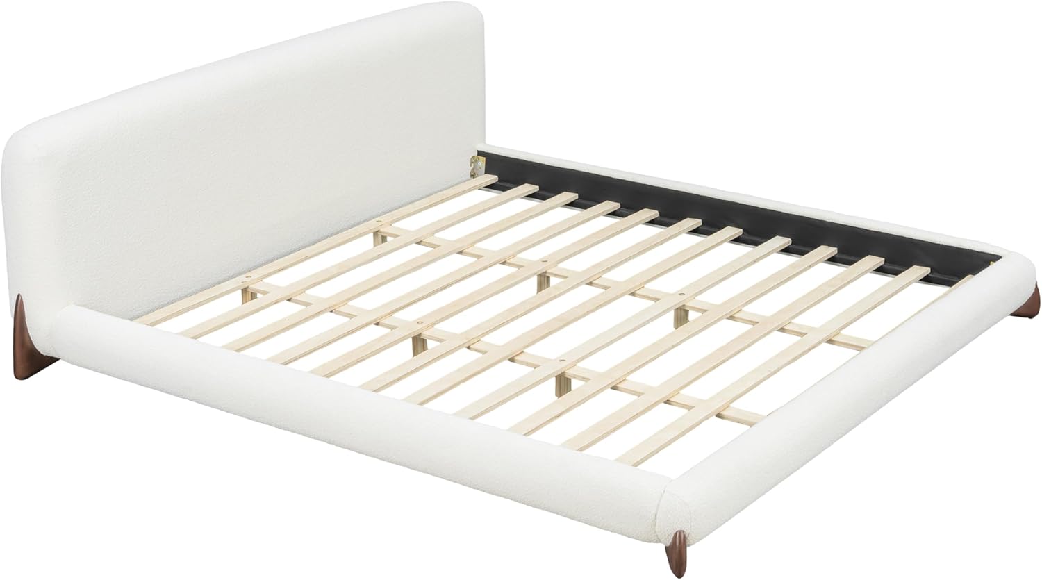 Merax California King Size Upholstered Platform Bed with Boucle Thick Headboard, Solid Wood Anchor Legs, No Box Spring Needed, White