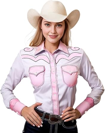 Womens White Western Snap Work Shirts Long Sleeve Button Up Blouse Pearl Snap Styles