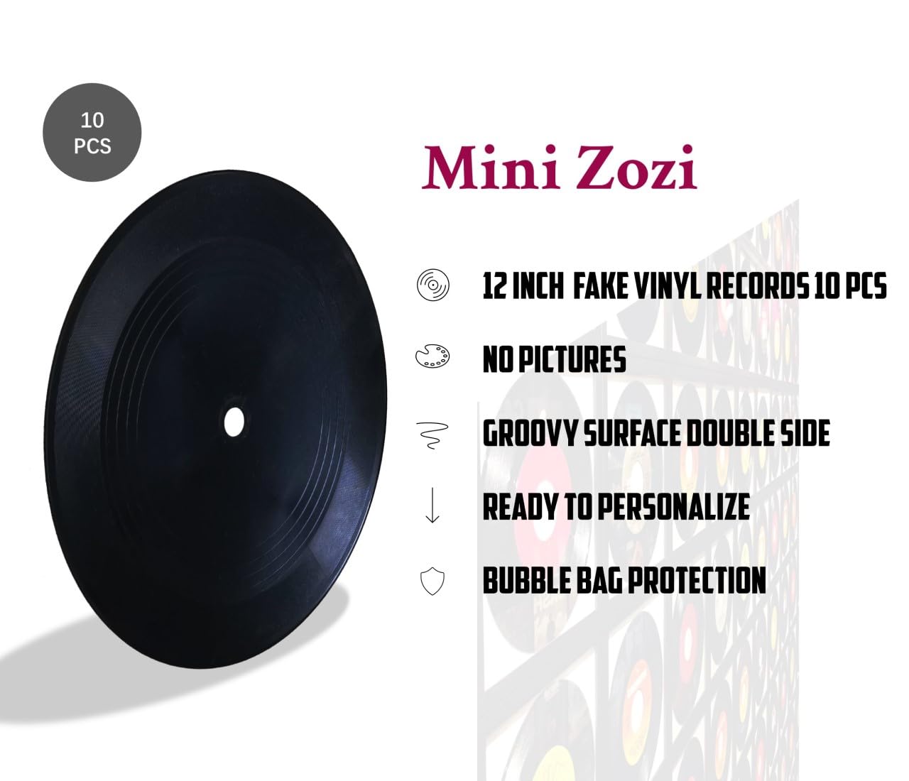 MINI ZOZI 12 inch Black Blank Vinyl Records Fake 10 PCS Indie Aesthetic Room Home Decor on Wall Bedroom Living Room Music Studio Hip Hop Decorative
