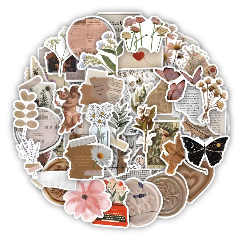 60Pcs Vintage Floral Diary Newspaper Stickers for Women Lady, Water Bottle Sticker Packs Graffiti Patches, Waterproof Stickers for Laptop Motorcycle Bicycle Skateboard Luggage Decor