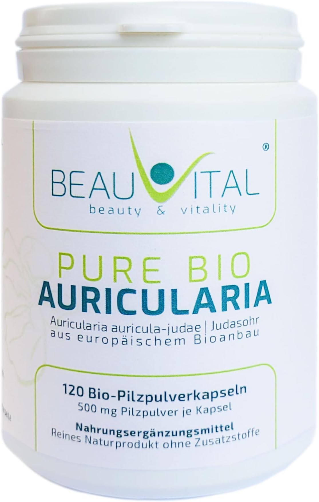 Pure Organic Auricularia Capsules 120 Pieces Each 500 mg Judas Ear Powder from EU Organic Agriculture, Vegan, No Artificial Additives