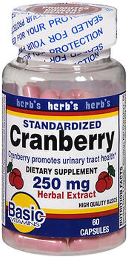 Basic Vitamins Cranberry 250 mg Herbal Extract Capsules - 60 ct, Pack of 2