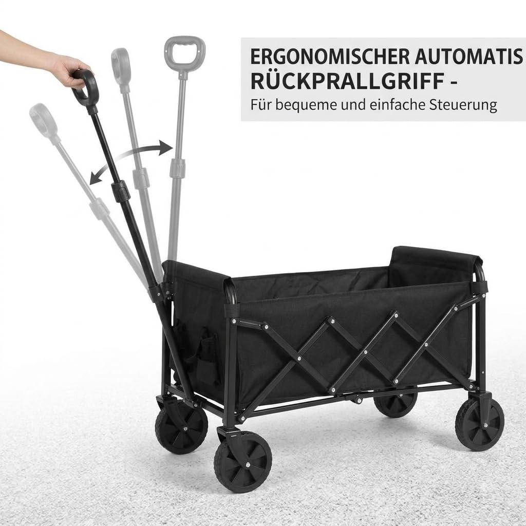 Faltbarer Bollerwagen mit Rädern Leichter Tragbarer Handwagen aus Stahl für Garten Camping Einkaufen Sport Strand Outdoor Transportwagen mit Großer Kapazität und Abnehmbarem Design Schwarz