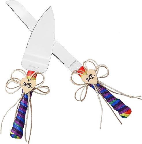 Miniatura 10 de TANG SONG Juego de 2 cuchillos y servir con la bandera del orgullo gay arcoíris de la señora y la señora del orgullo gay LGBT con cinta de seda