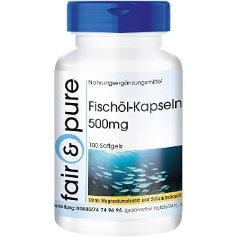 Fair & Pure Fish Oil Capsules 500 mg Daily Dose 100 Softgels Swallow-Friendly with Omega-3 Fatty Acids EPA DHA and Vitamin E Dietary Supplement without Magnesium Stearate Made in Germany