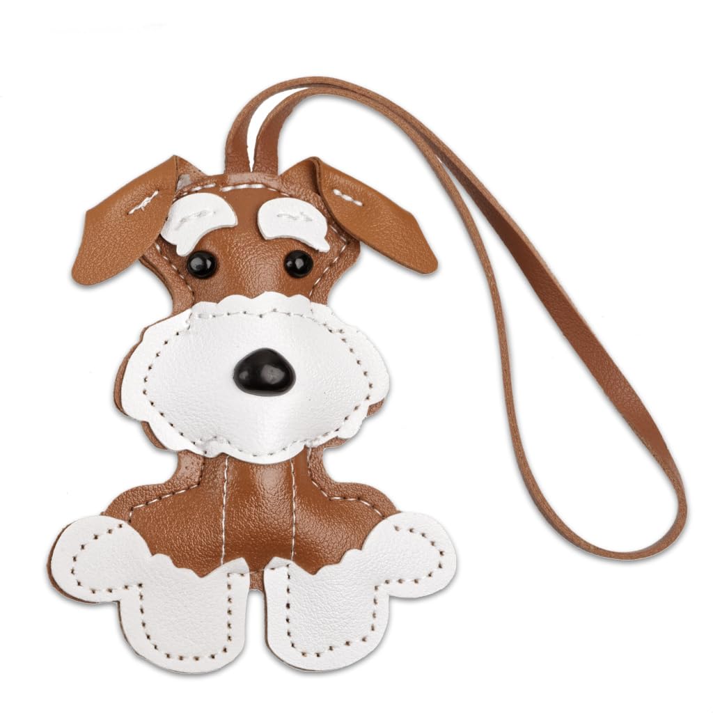 Harts Handmade Schnauzer Dog Keychain, PU Leather Charm, 16 cm, Brown and White