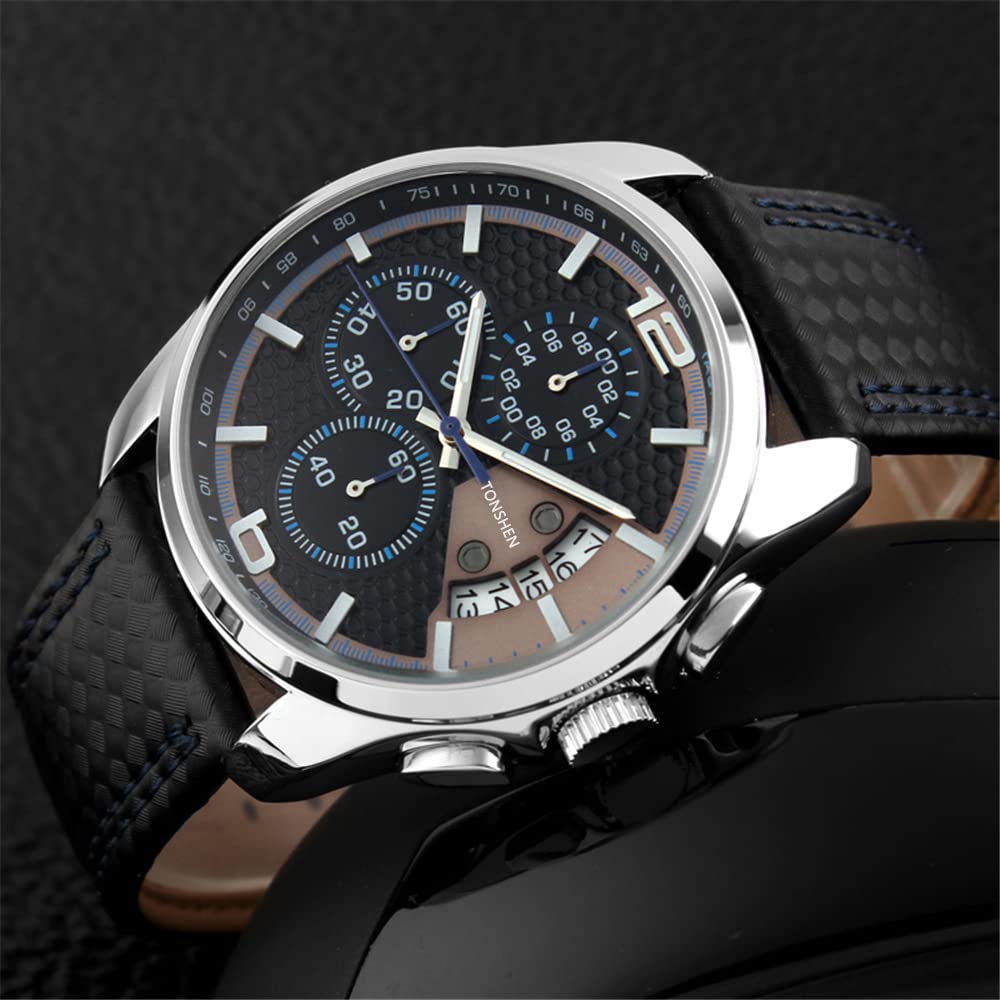 TONSHEN Herrenuhr Sportuhr Analog Uhr Leder Band mit Edelstahl Lünette Quarz Uhr Mode Klein Zifferblatt Doppel Zeit Datum Armbanduhr Casual Business Uhren